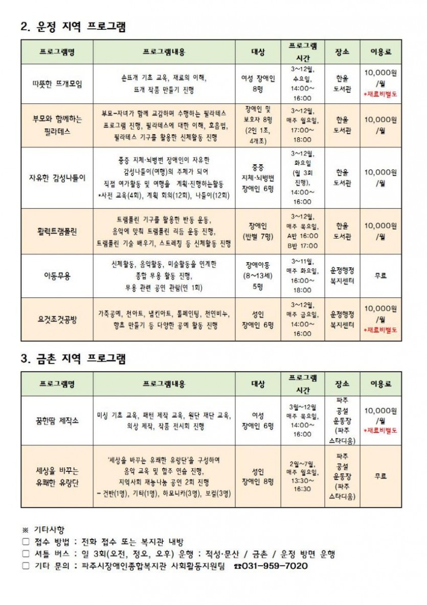 파주시장애인종합복지관의 운정지역 프로그램은 한울도서관과 운정행정복지센터에서 진행한다. 한울도서관에서는 손뜨개 교육인 